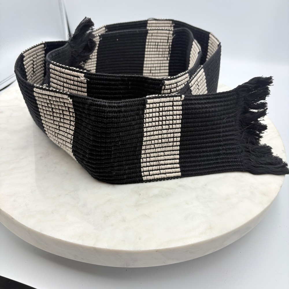 Woven Striped Sash Wide Belt Womens Black Cream Fringed Boho Resortwear Art Sash